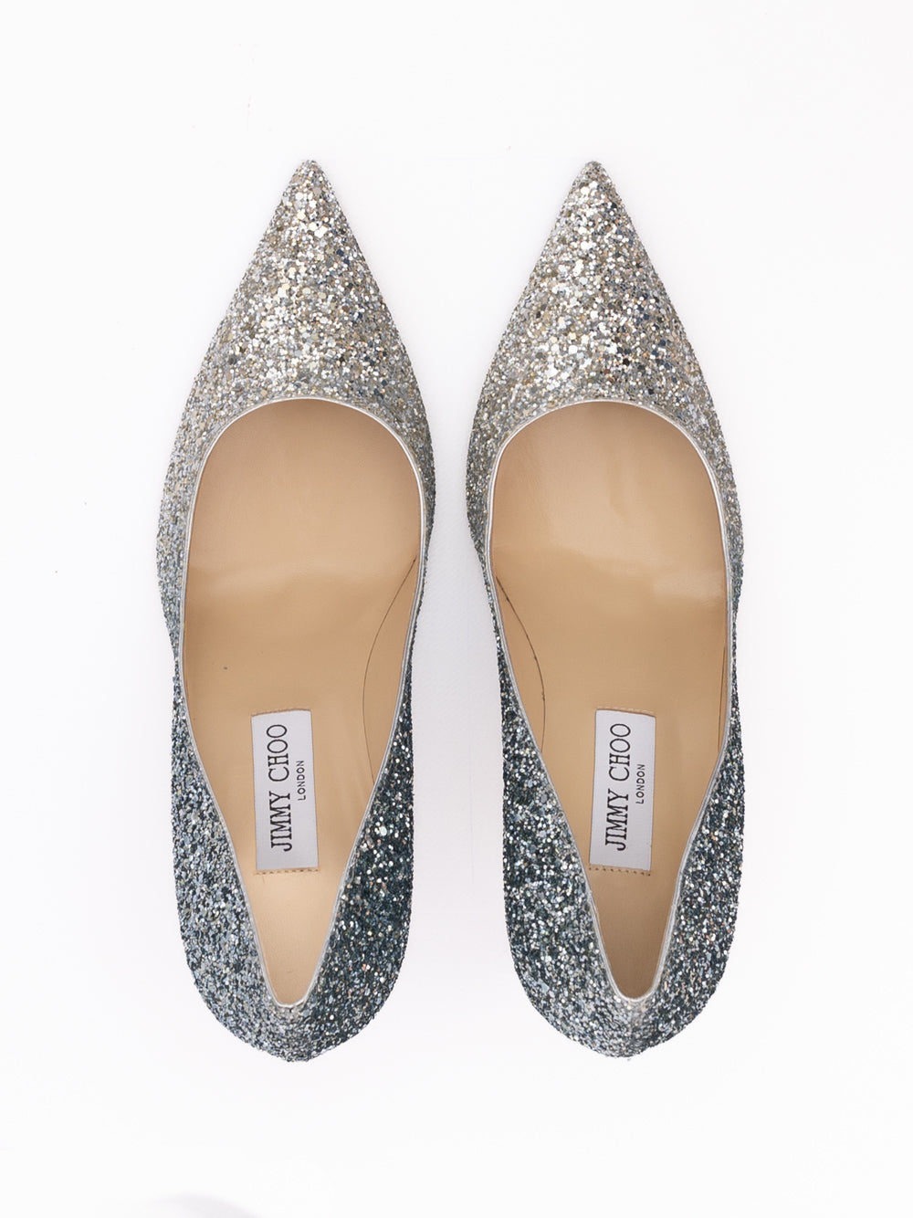 Jimmy Choo Silver Coarse Glitter Degrade Agnes Pumps