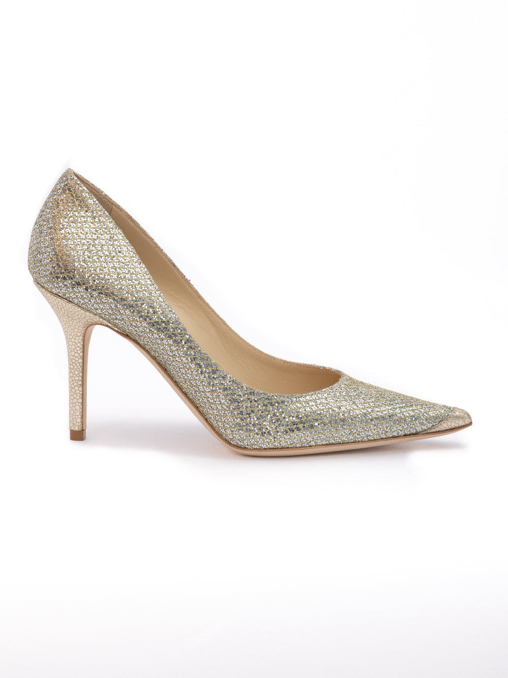 Jimmy Choo Gold Glitter Fabric Agnes Pumps