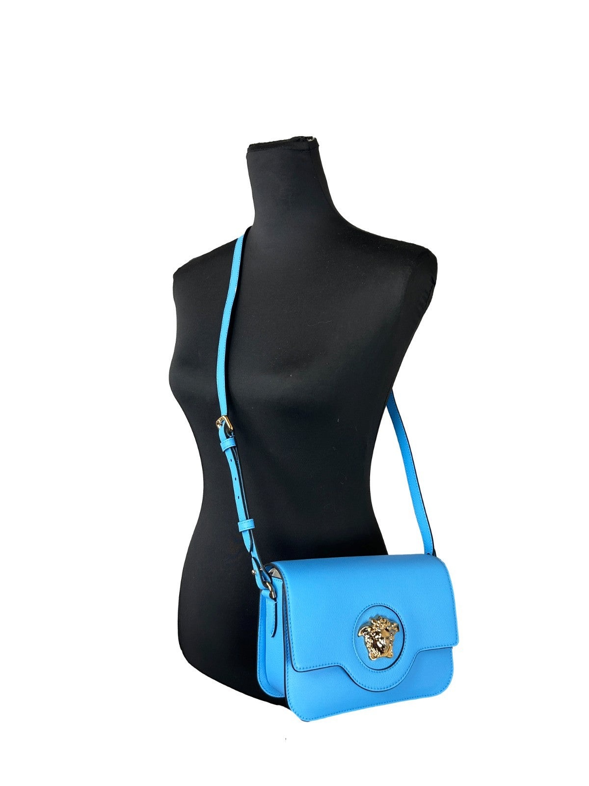 Versace La Medusa Blue Leather Shoulder Crossbody Bag Purse