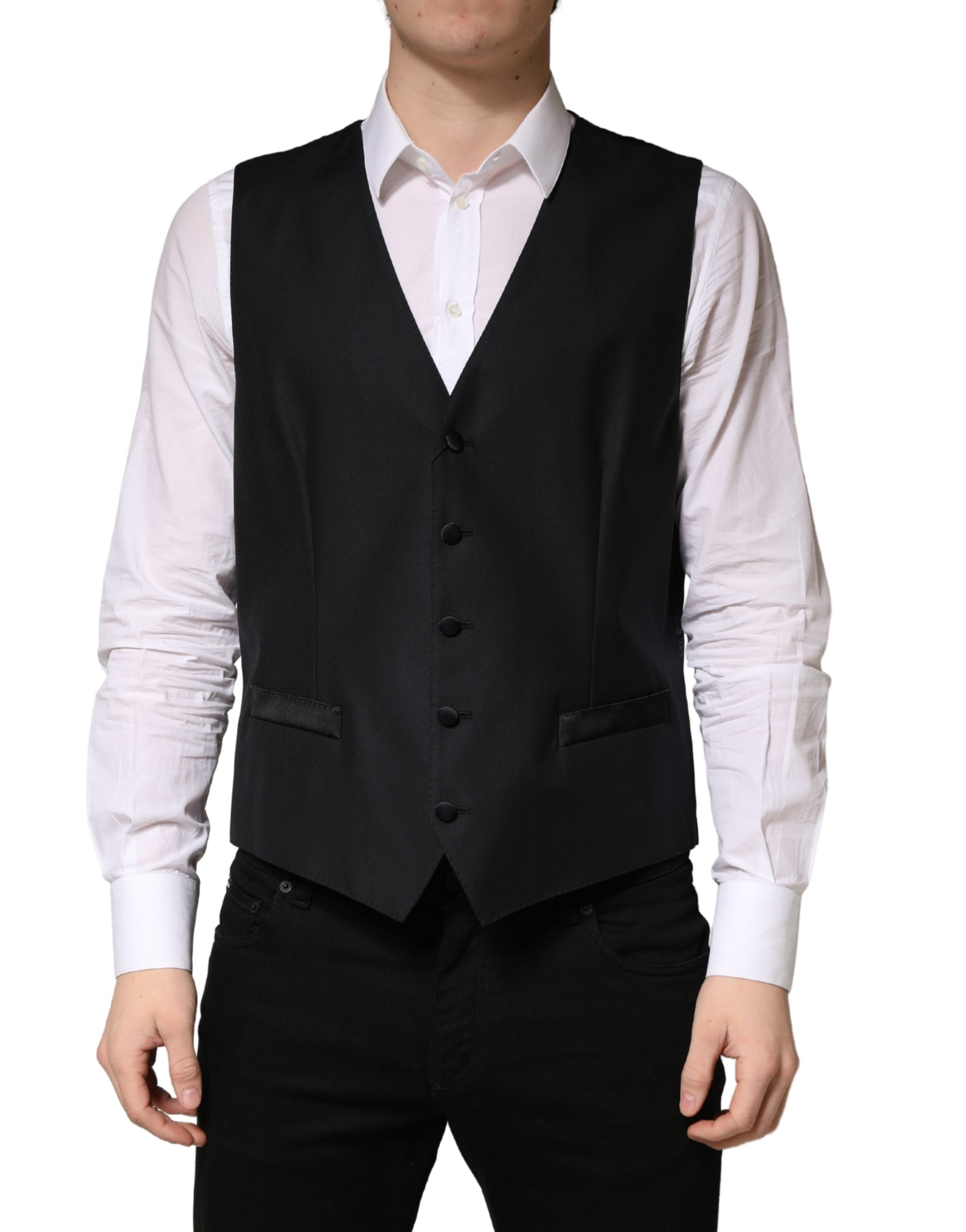 Dolce & Gabbana Black Wool Single Breasted Men Waistcoat Vest
