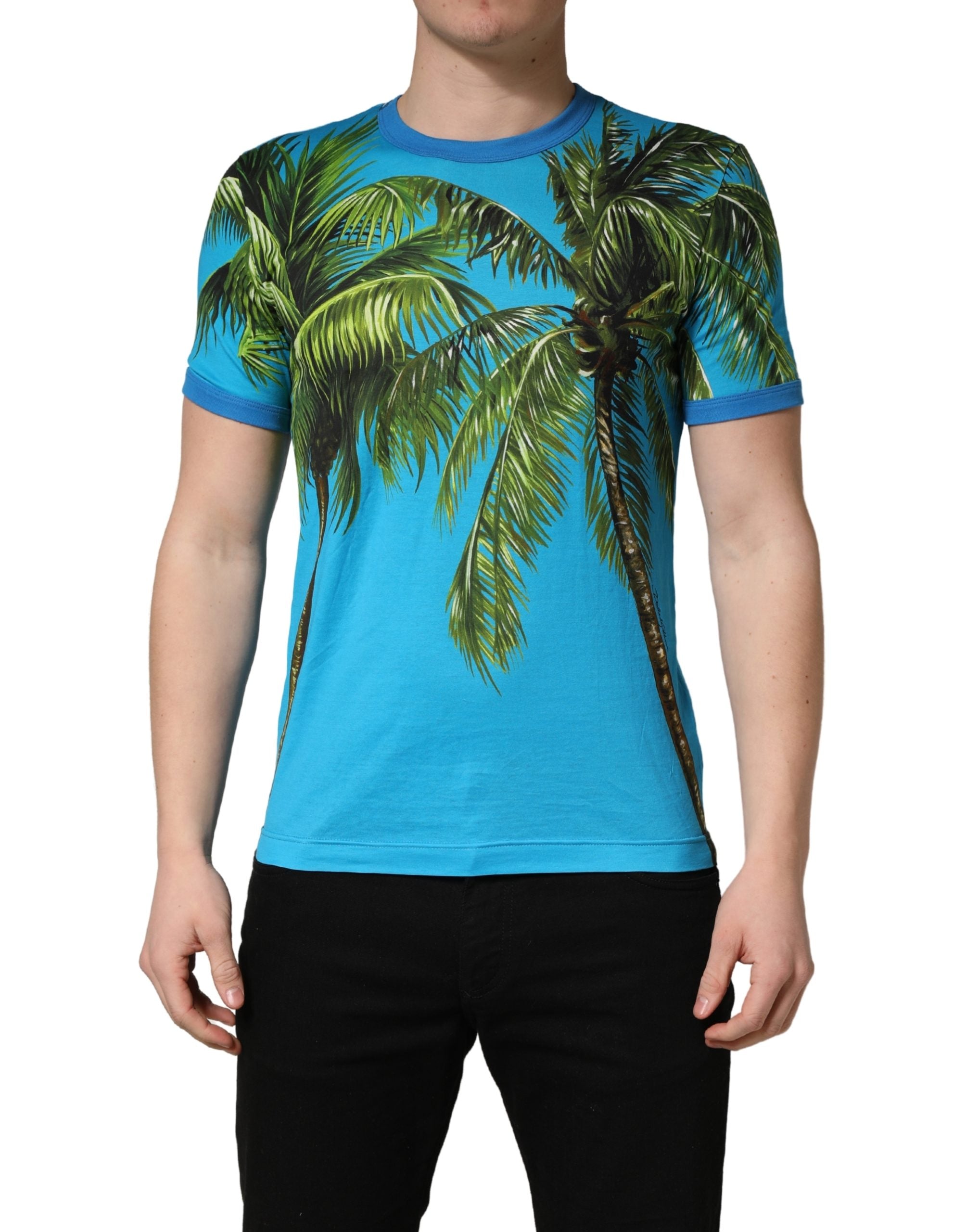 Dolce & Gabbana Blue Palm Tree Print Cotton CrewNeck T-shirt