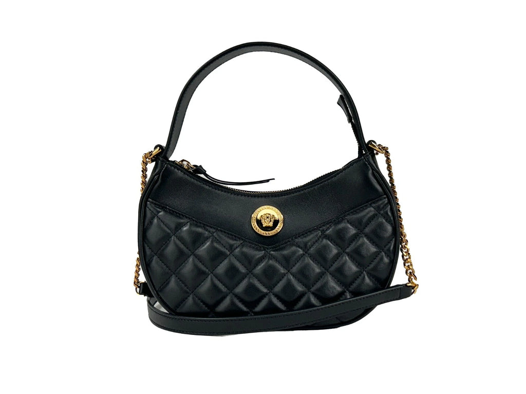 Versace Quilted Black Leather Half Moon Chain Crossbody Bag