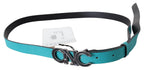 Costume National Blue Green Leather Logo Silver Buckle Belt