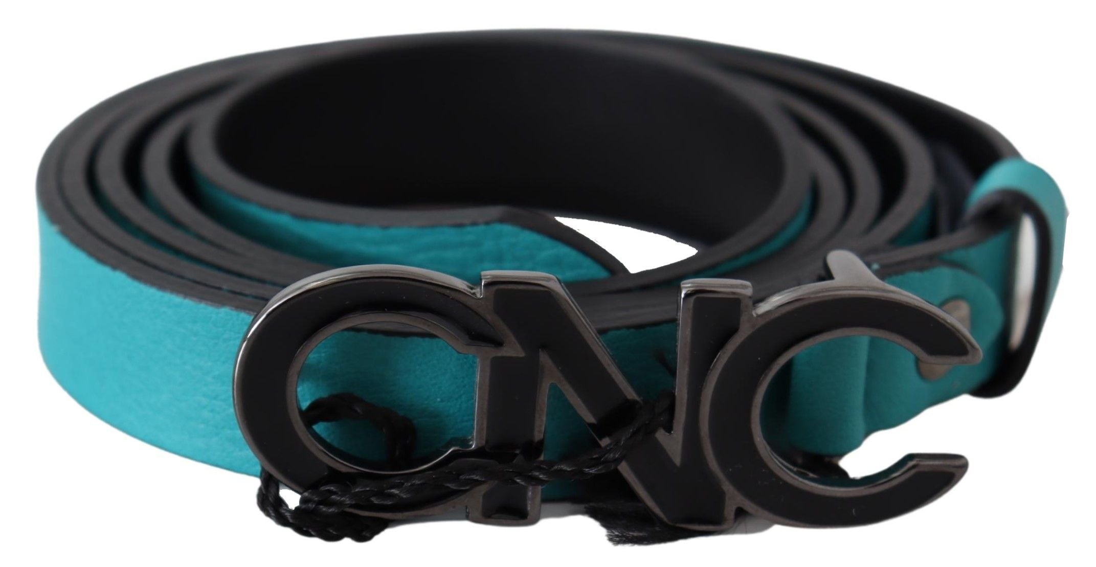 Costume National Blue Green Leather Logo Silver Buckle Belt
