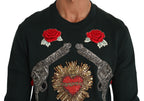 Dolce & Gabbana Green Crystal Heart Roses Gun Sweater