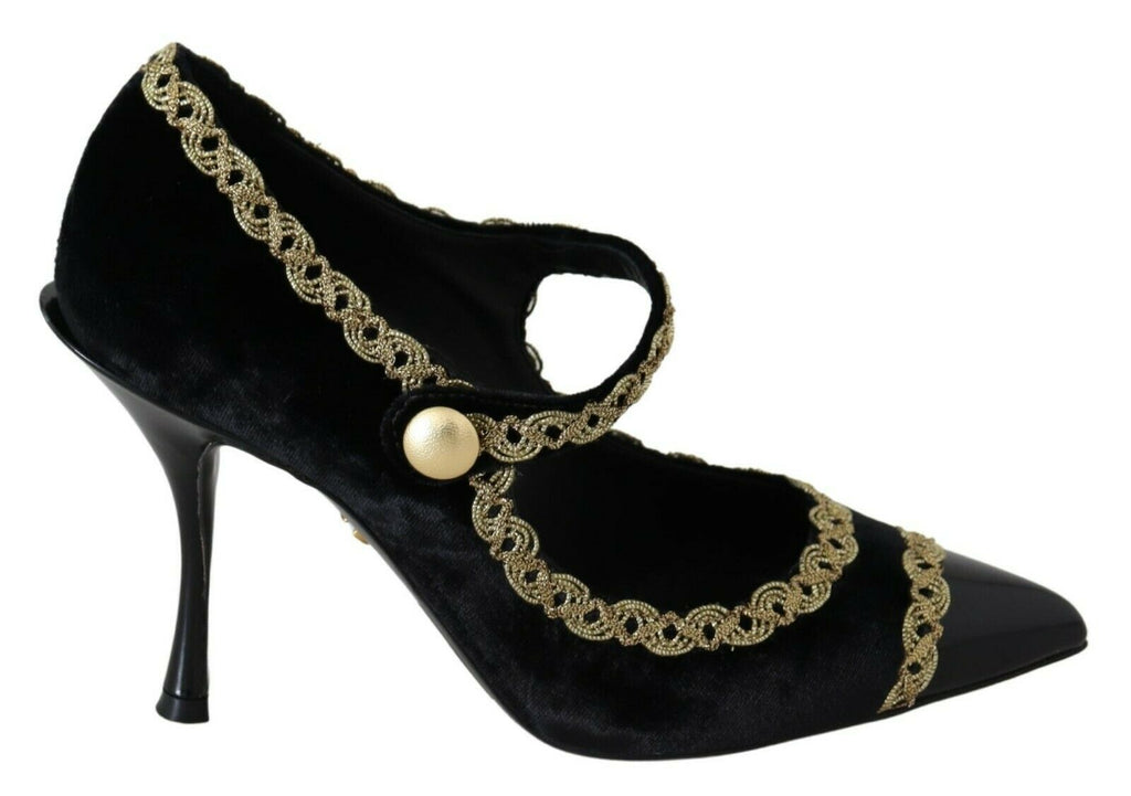 Authentic Designer Dolce & Gabbana Black Embellished Velvet Mary Jane Pumps Shoes