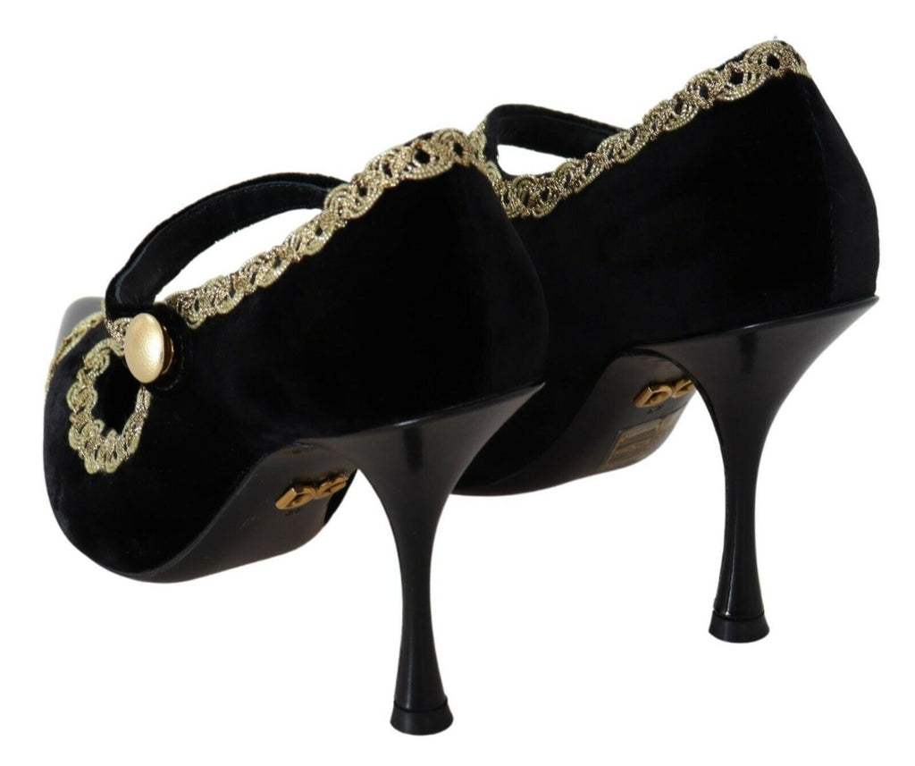 Authentic Designer Dolce & Gabbana Black Embellished Velvet Mary Jane Pumps Shoes
