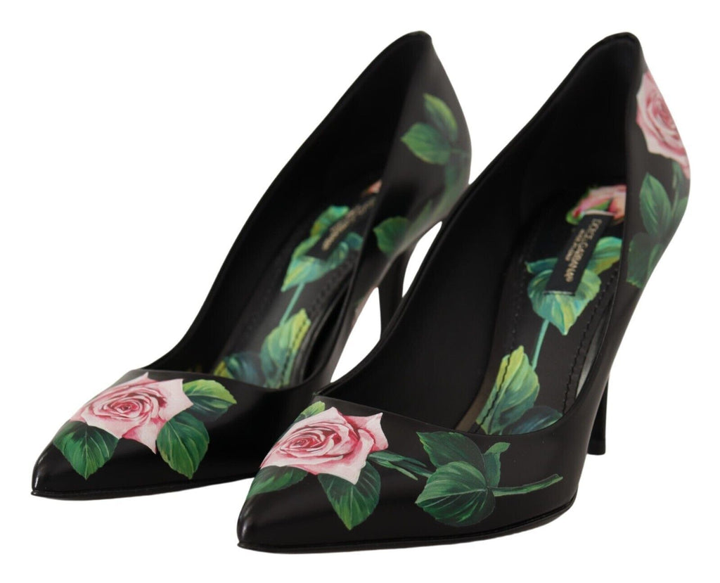 Dolce & Gabbana Black Leather Roses High Heels Pumps Shoes