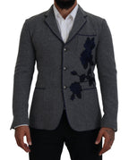 Dolce & Gabbana Gray Wool Roses Slim Fit Jacket Blazer