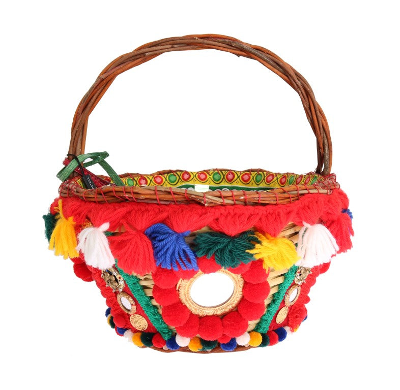 Dolce & Gabbana Multicolor AGNESE Straw Crystal  Pom Pom Bag