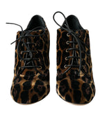 Dolce & Gabbana Brown Leopard Hair Lace Up Booties Shoes