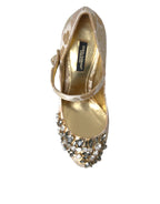 Dolce & Gabbana Gold Jacquard Crystal Mary Janes Pumps Shoes