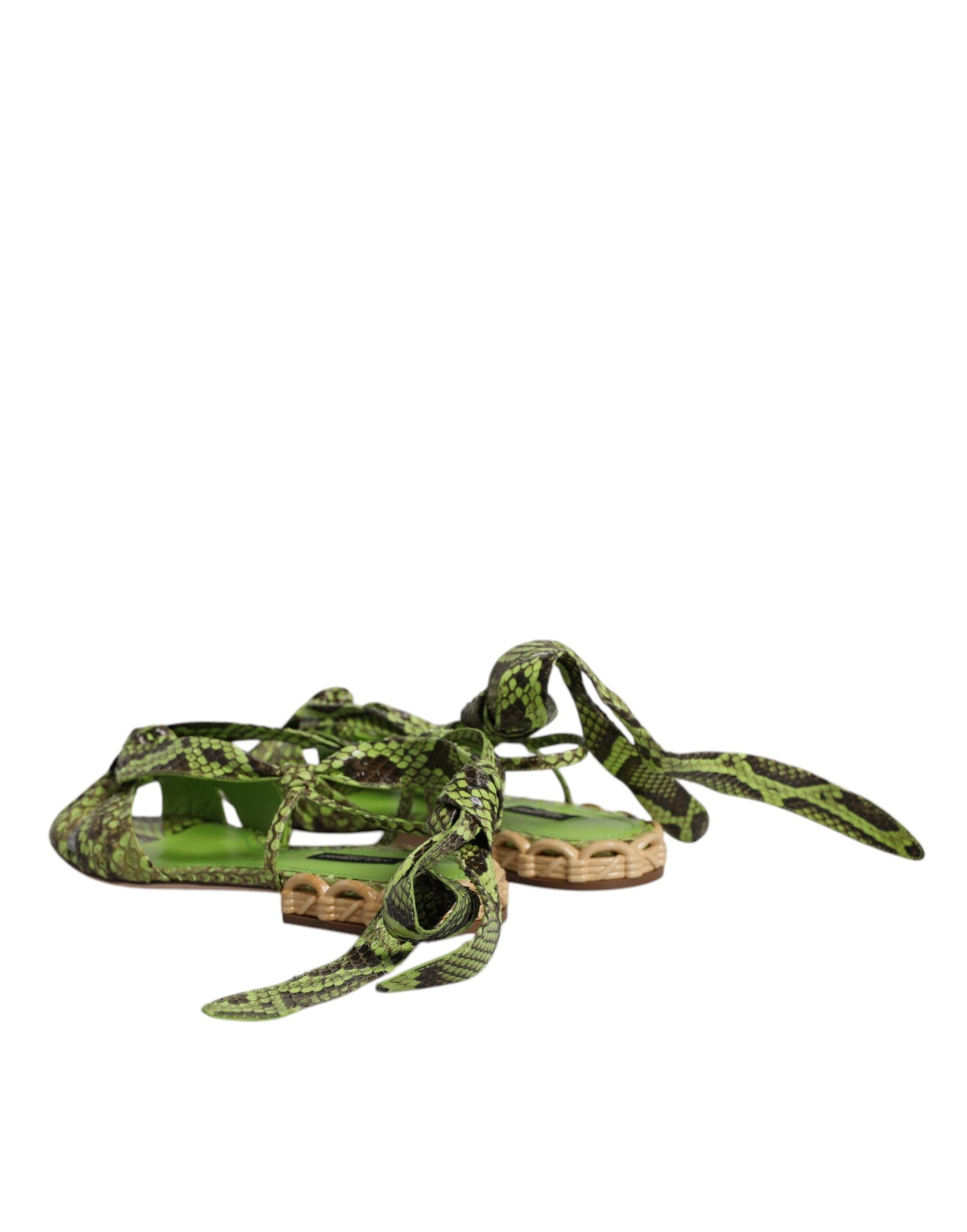 Dolce & Gabbana Green Animal Print Ankle Wrap Sandals Shoes