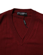 Dolce & Gabbana Maroon Cashmere V-neck Men Pullover Sweater