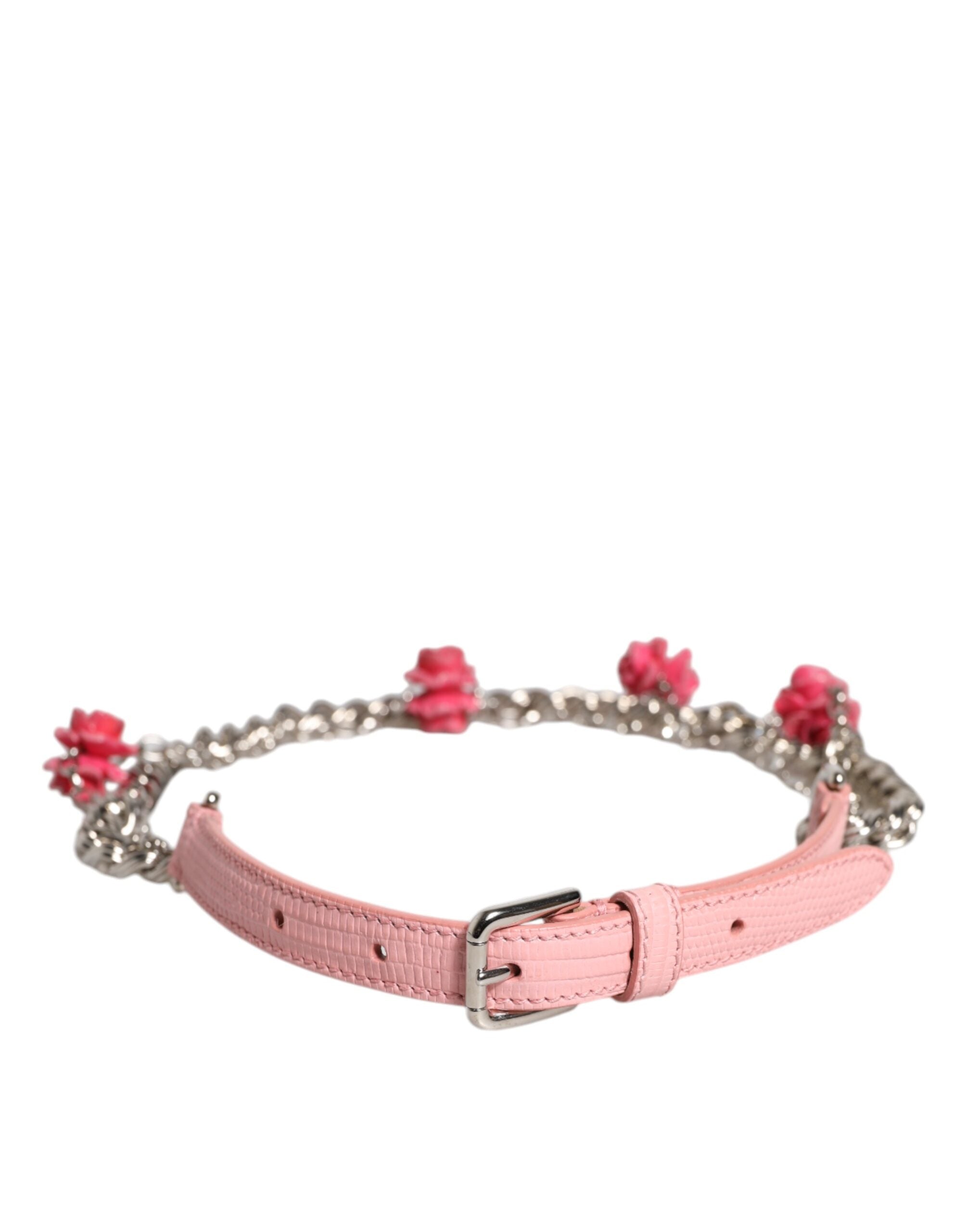 Authentic Designer Dolce & Gabbana Pink Embelished Roses Textured Leather Belt