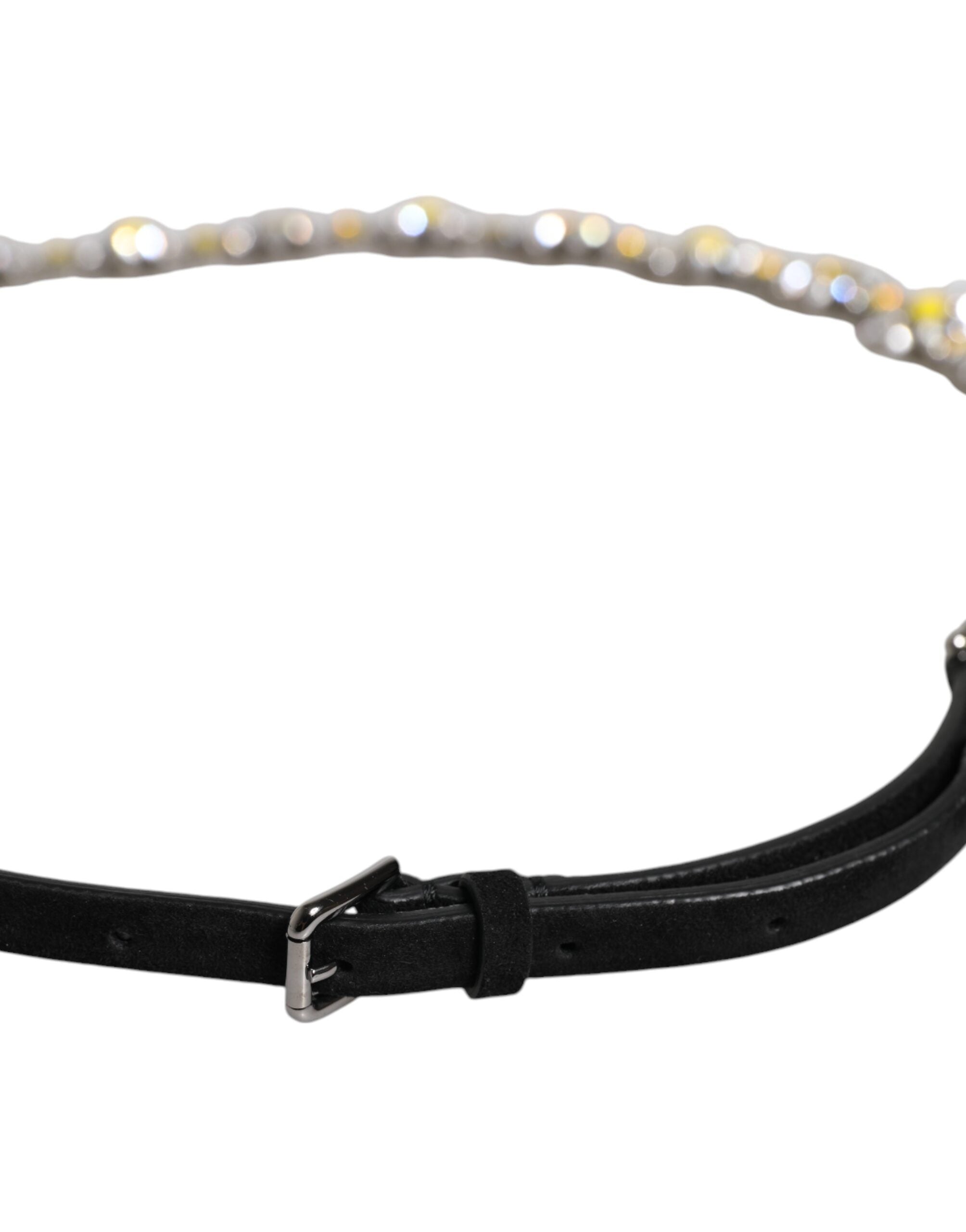 Dolce & Gabbana Black Leather Daisy Crystal Embellish Waist Belt