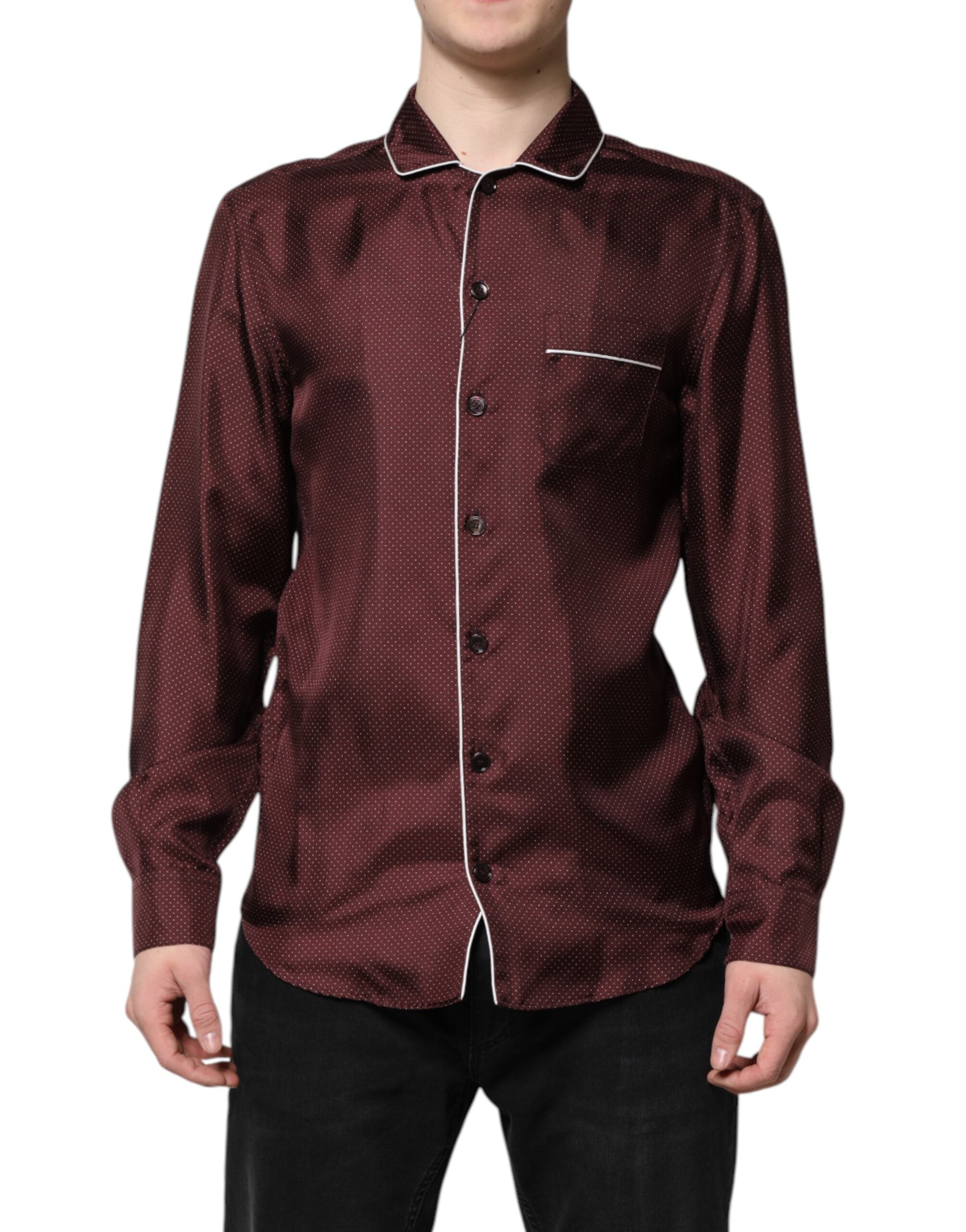 Dolce & Gabbana Burgundy Silk Dotted Long Sleeves Shirt
