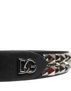Dolce & Gabbana Black Calf Leather Studded Silver Buckle Belt