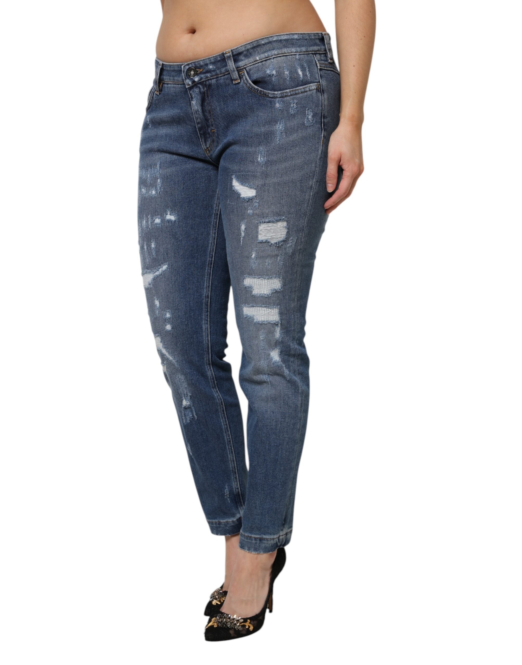 Dolce & Gabbana Blue Tattered Cotton Low Waist Denim Jeans