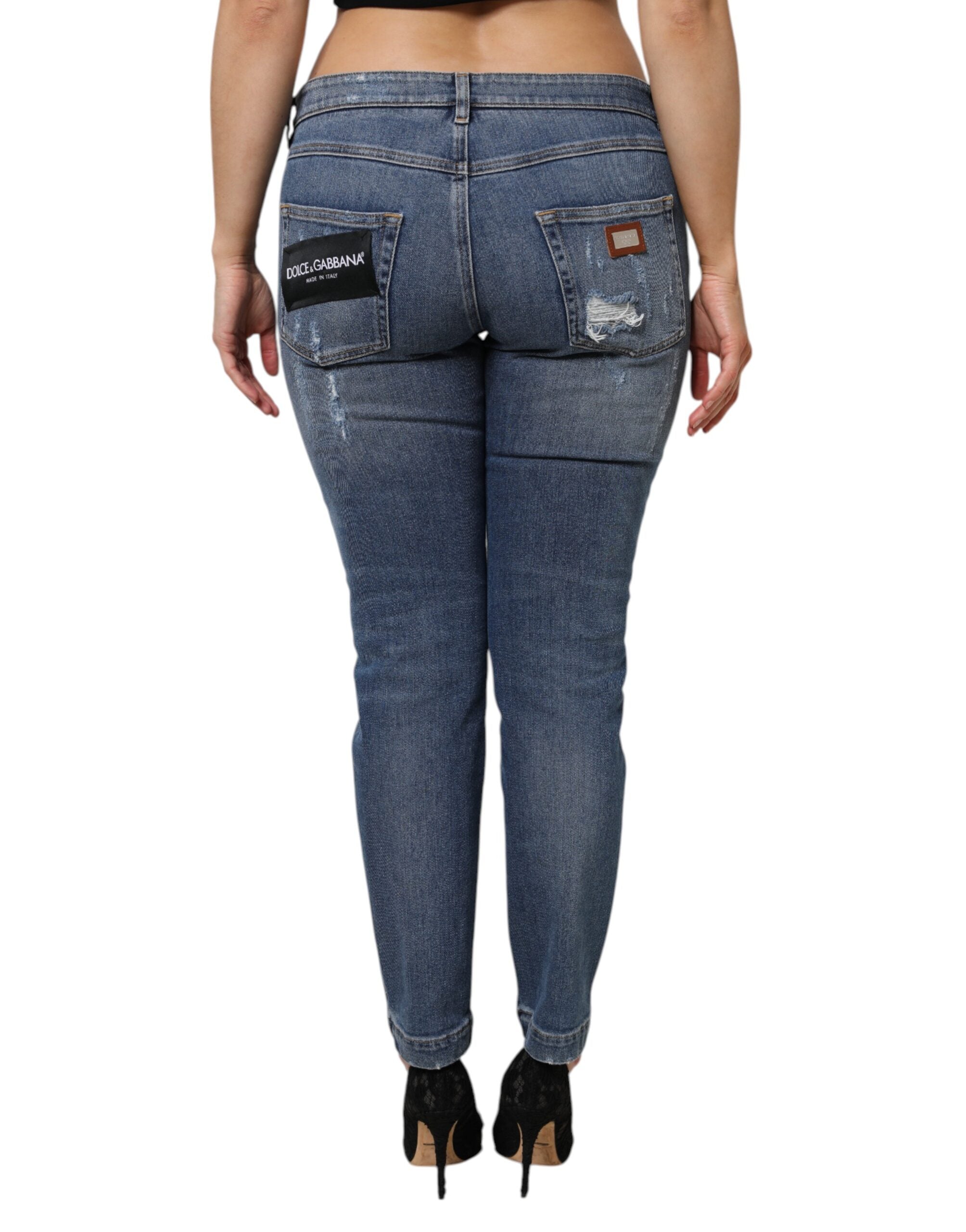 Dolce & Gabbana Blue Tattered Cotton Low Waist Denim Jeans
