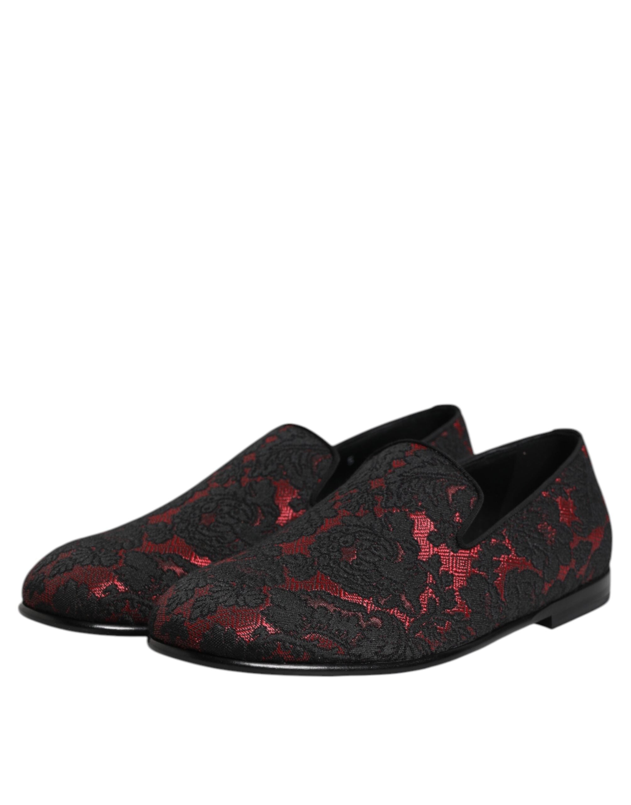 Dolce & Gabbana Red Black Jacquard Slip On Loafers Shoes