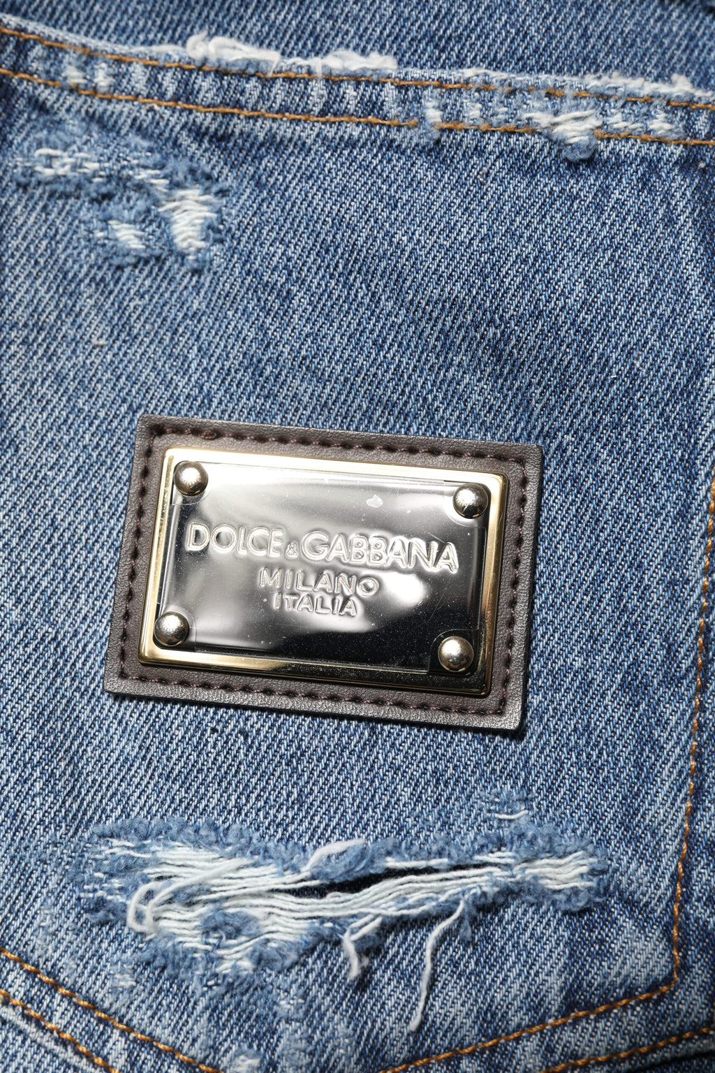 Authentic Designer Dolce & Gabbana Blue Tattered Cotton Logo Plaque Denim Jeans