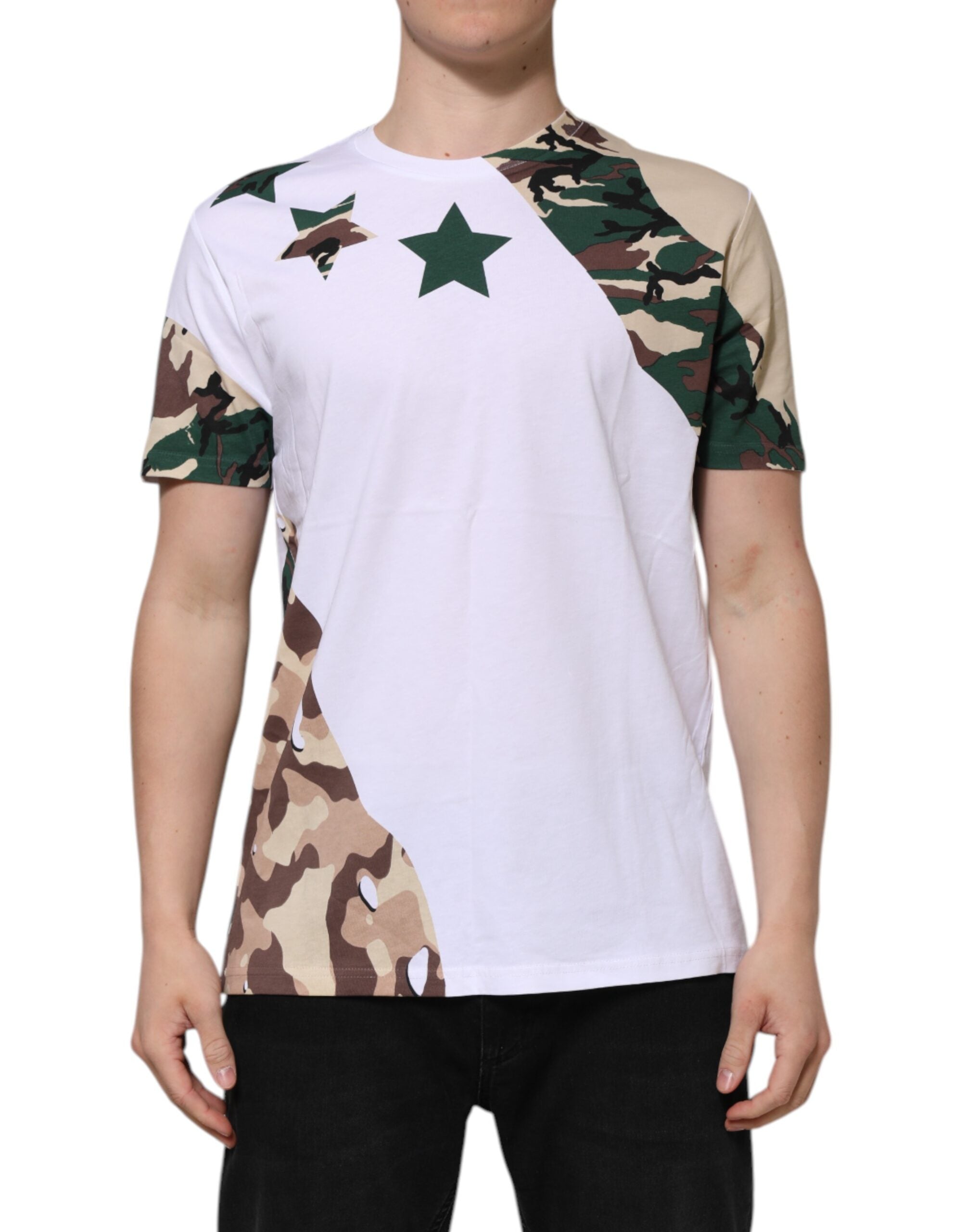 Dolce & Gabbana White Camouflage Cotton Men Crew Neck T-shirt