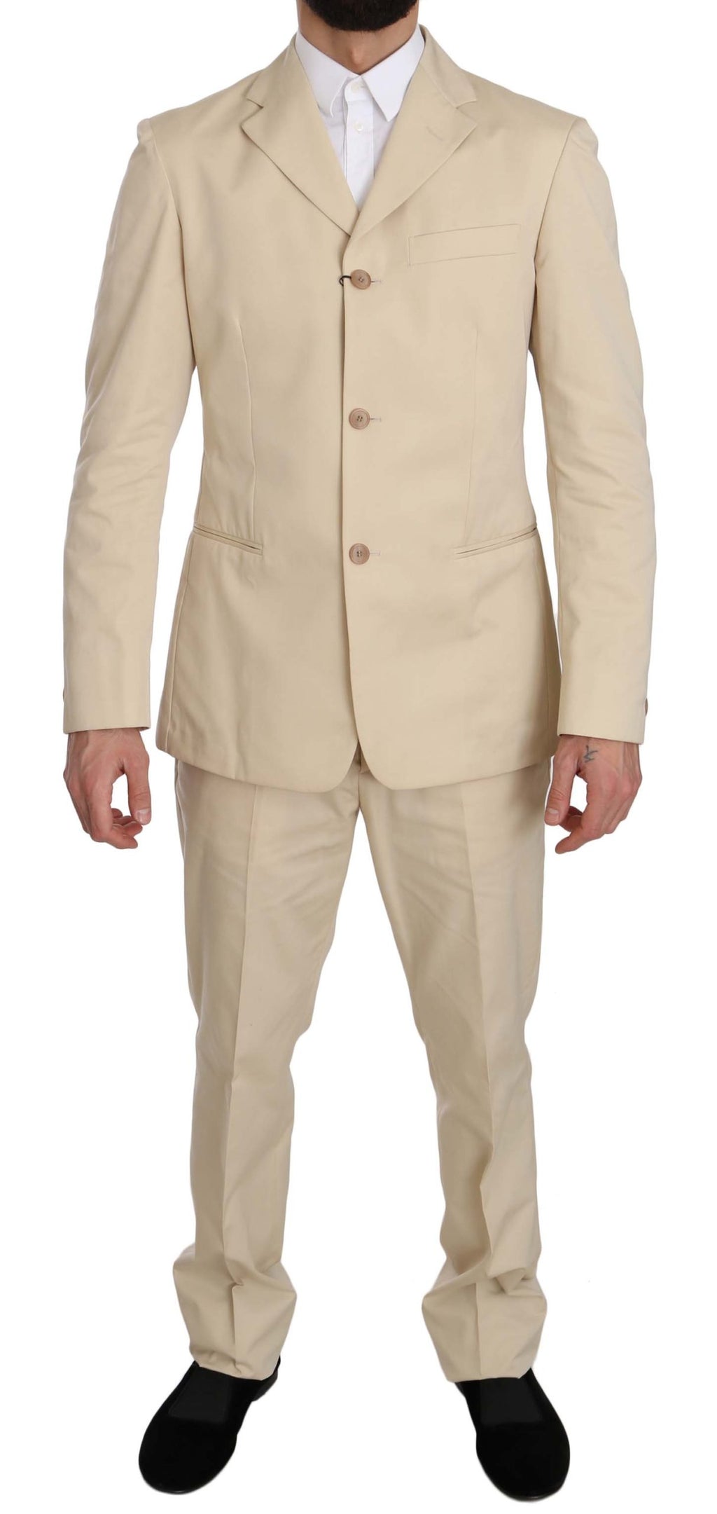 Romeo Gigli Two Piece 3 Button Beige Cotton Solid Suit