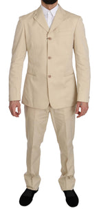 Romeo Gigli Two Piece 3 Button Beige Cotton Solid Suit