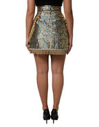 Dolce & Gabbana Blue Floral Jacquard Tasseled Mini Skirt