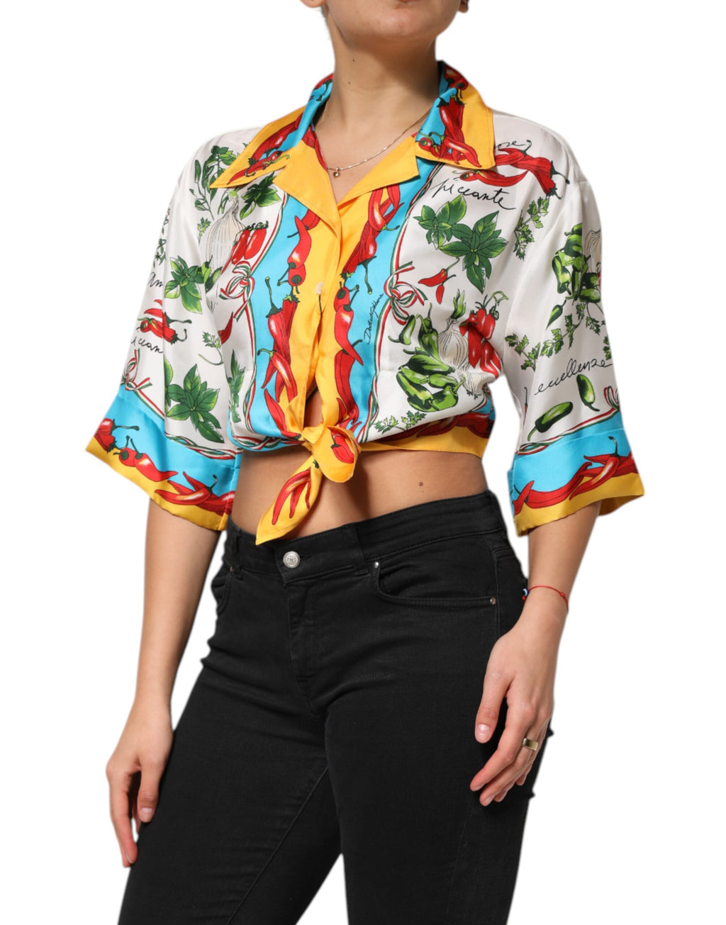 Dolce & Gabbana Multicolor Chili Silk Cropped Blouse Top
