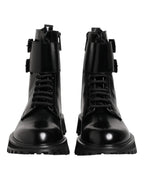 Dolce & Gabbana Black Leather Lace Up Mid Calf Boots Shoes