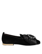 Dolce & Gabbana Black VATICANO Crystal Ribbon Slip On Shoes