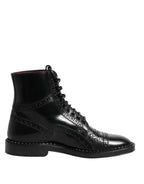 Dolce & Gabbana Black Leather Lace Up Mid Calf Boots Shoes
