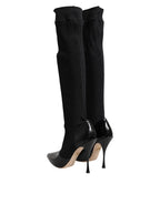 Dolce & Gabbana Black Leather Ribbed Knit Knee Boots Shoes