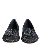 Dolce & Gabbana Blue Taormina Lace Crystals Flats Shoes