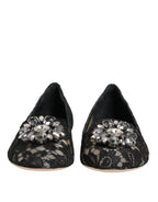 Dolce & Gabbana Black Taormina Lace Crystals Flats Shoes