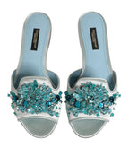 Dolce & Gabbana Silver Blue Leather Bead Embellish Slide Shoes