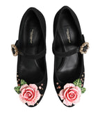 Dolce & Gabbana Black Flower Crystal Embellished Mary Jane Shoes