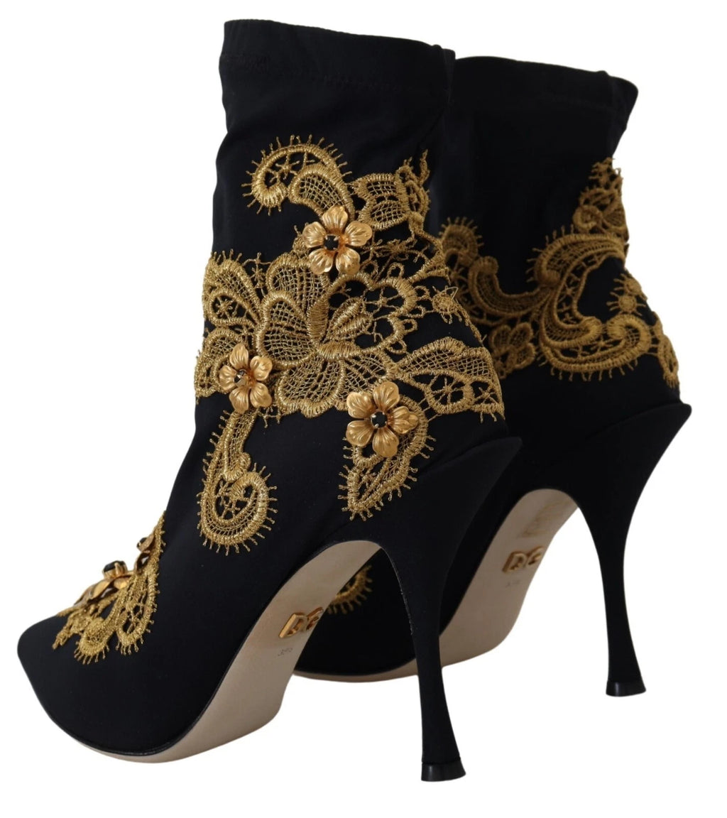Dolce & Gabbana Black Gold Embroidery Crystal Boots Shoes