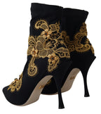 Dolce & Gabbana Black Gold Embroidery Crystal Boots Shoes