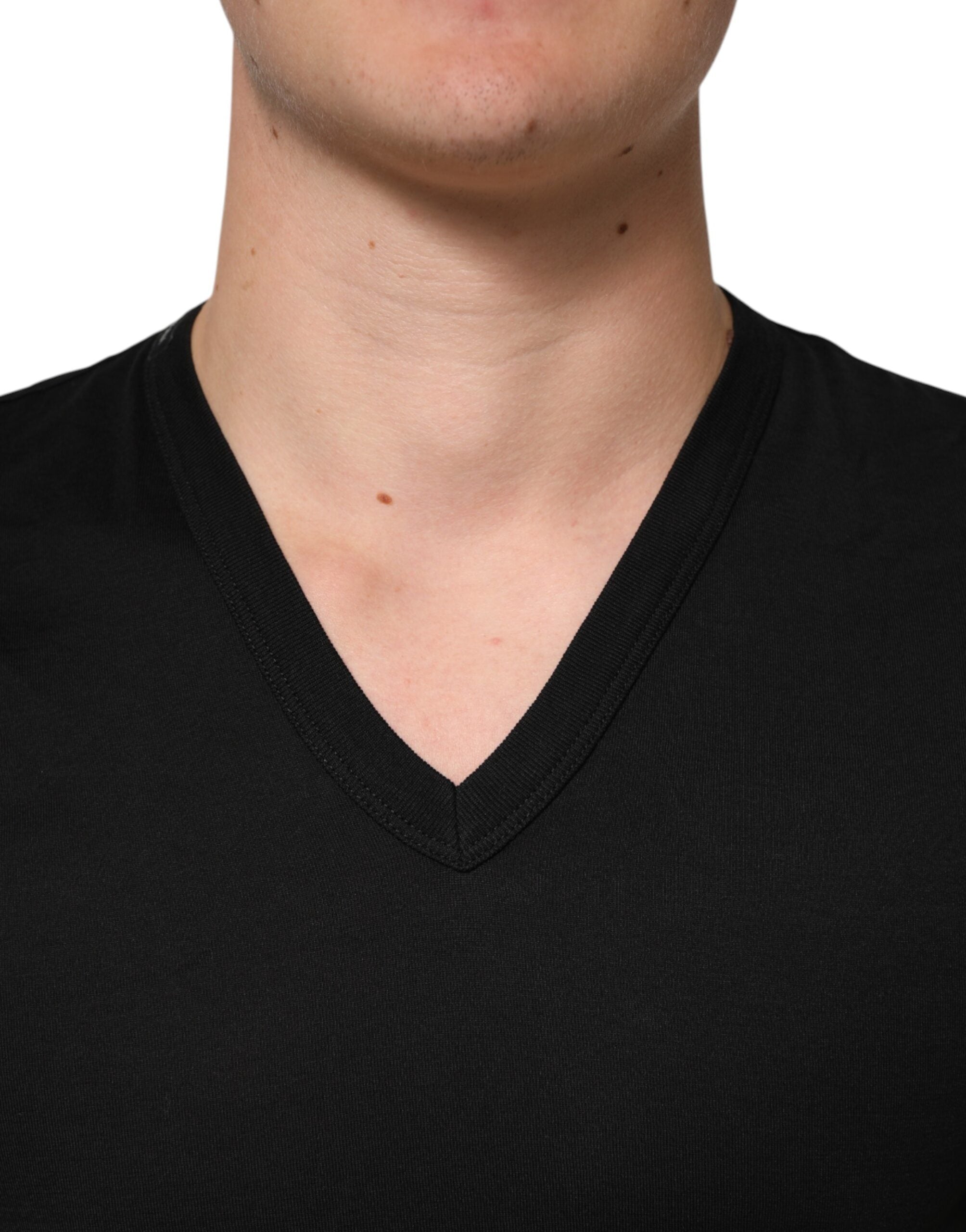 Dolce & Gabbana Black Cotton Plain V-Neck Men Shirt T-shirt