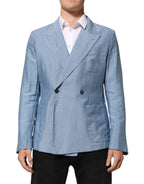 Dolce & Gabbana Light Blue Linen Double Breasted Men Jacket Blazer