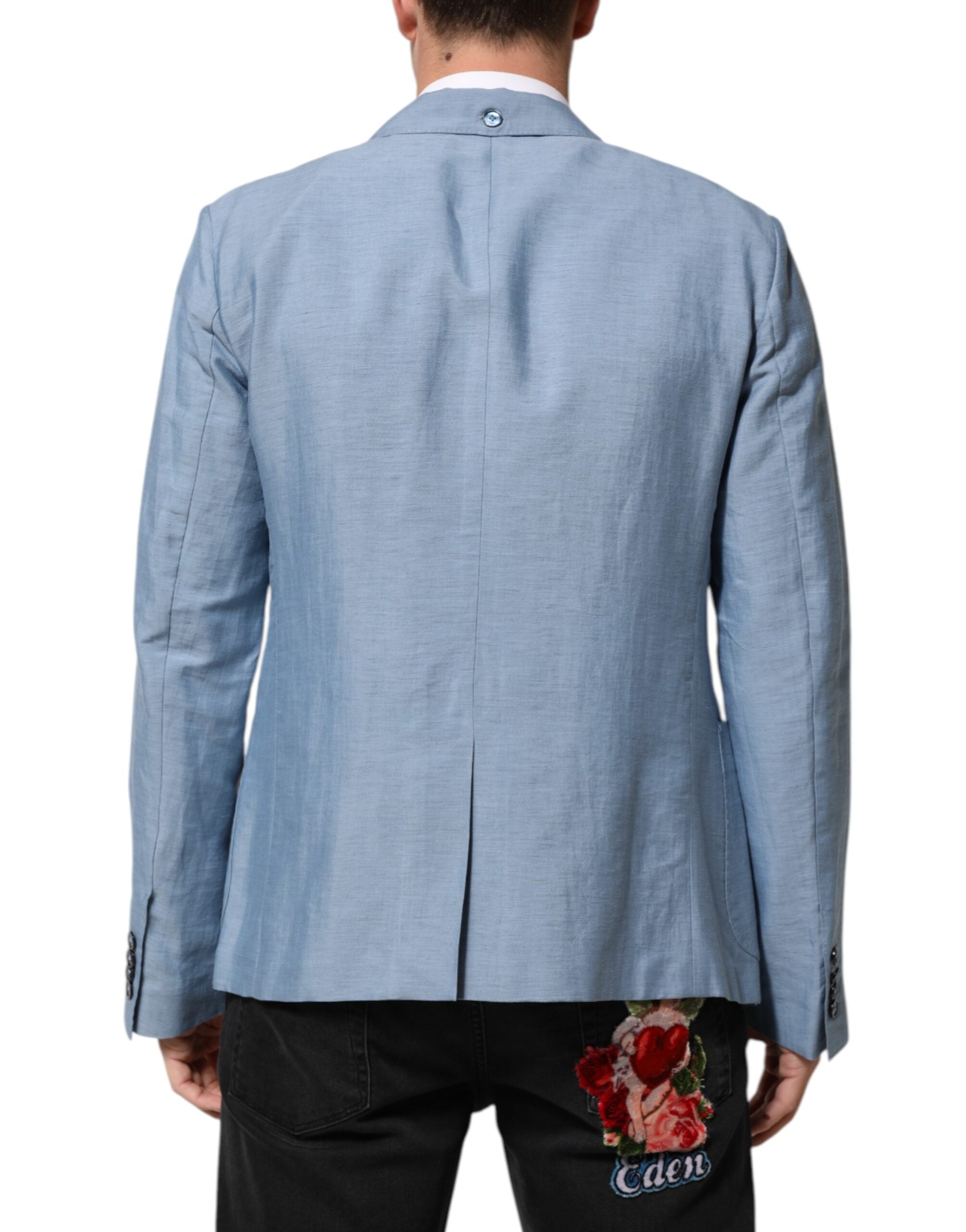 Dolce & Gabbana Light Blue Linen Double Breasted Men Jacket Blazer