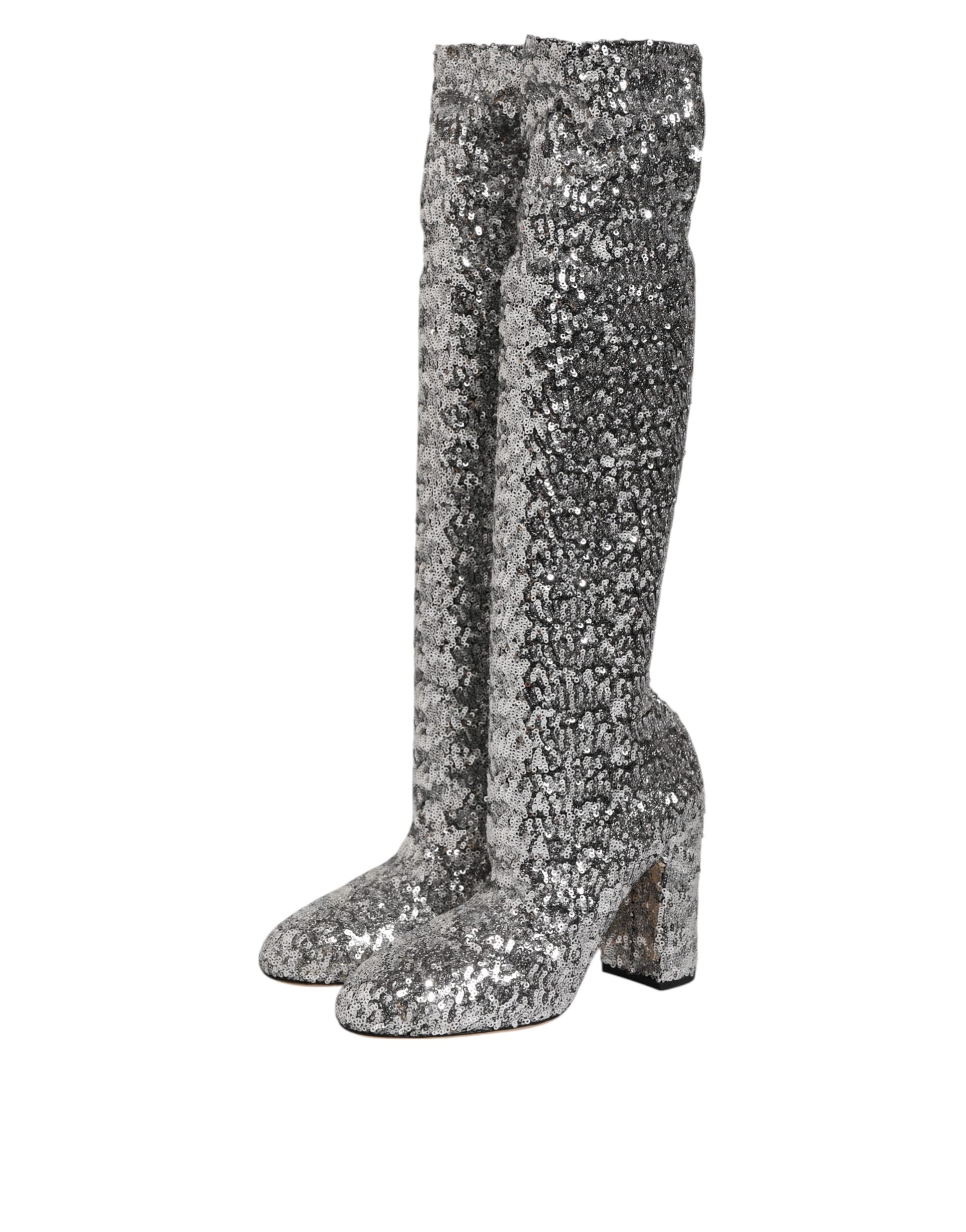 Dolce & Gabbana Shoes Silver Sequins Glitter High Heel Boot Shoes