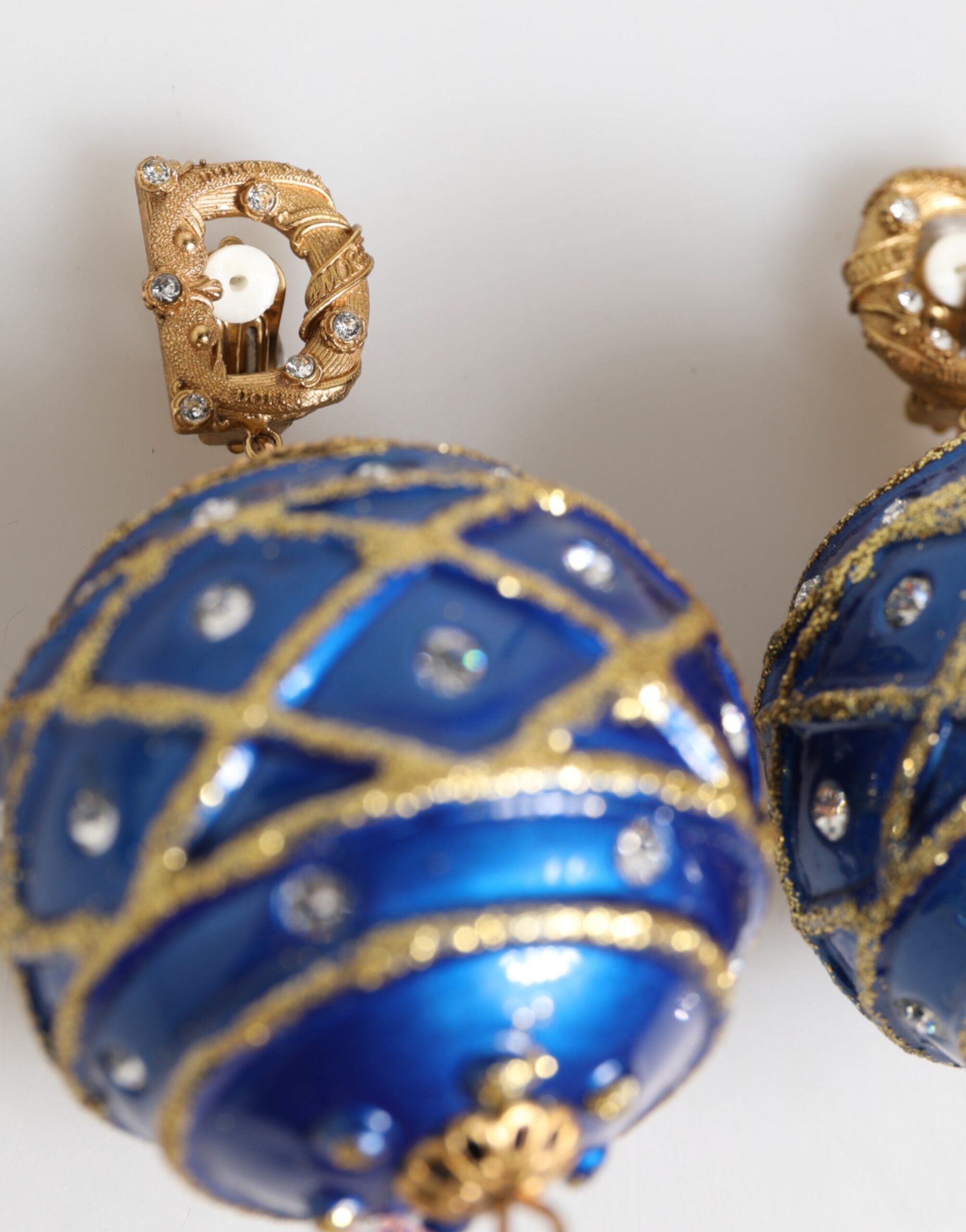 Dolce & Gabbana Gold Brass Blue Christmas Ball Crystal Drop Clip On Earrings
