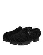 Dolce & Gabbana Dress Black Fur Leather Slippers Men Shoes
