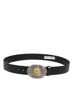 Dolce & Gabbana Black Leather Ornate Metal Buckle Men Belt