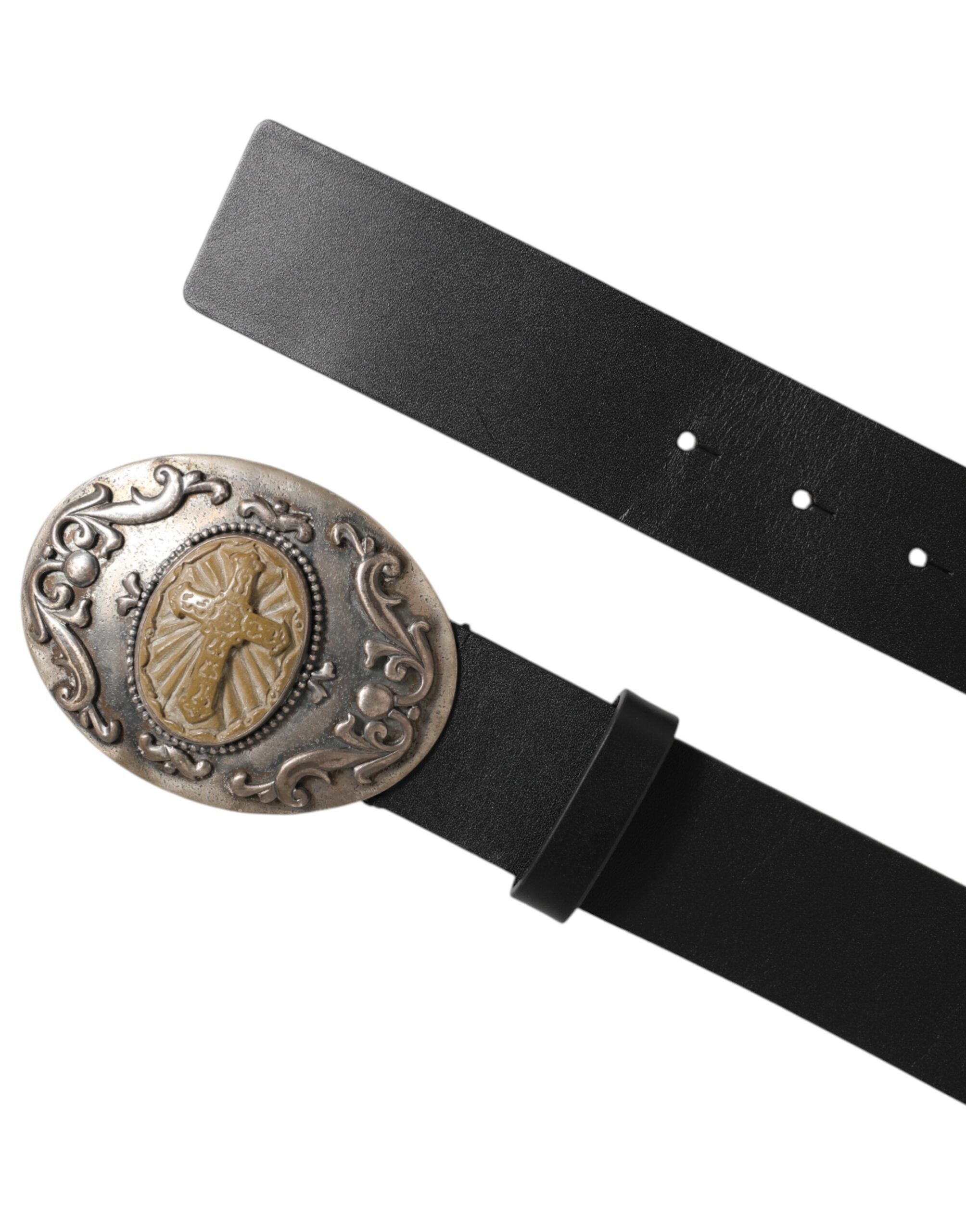 Dolce & Gabbana Black Leather Ornate Metal Buckle Men Belt