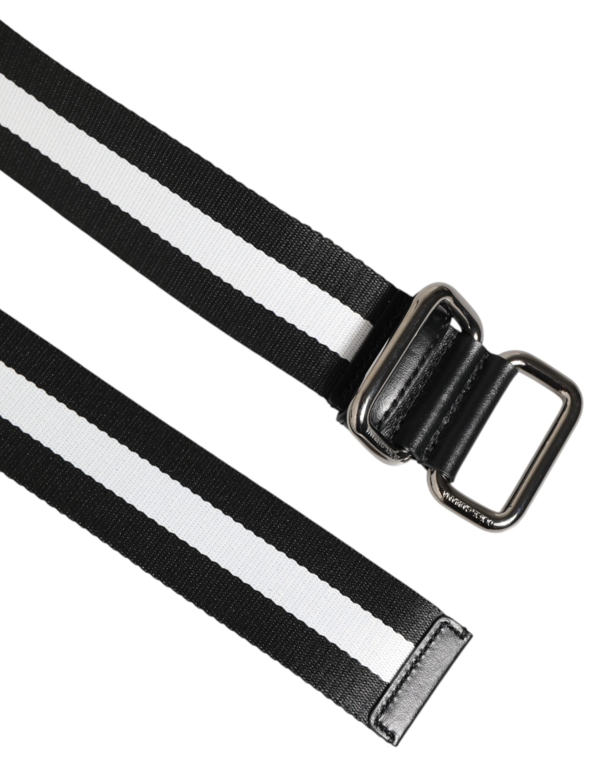 Dolce & Gabbana Black White Striped Logo Metal Buckle Belt